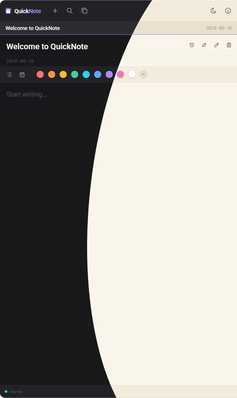 QuickNote sliding in from the edge of the screen, showing the note editor and colour palette